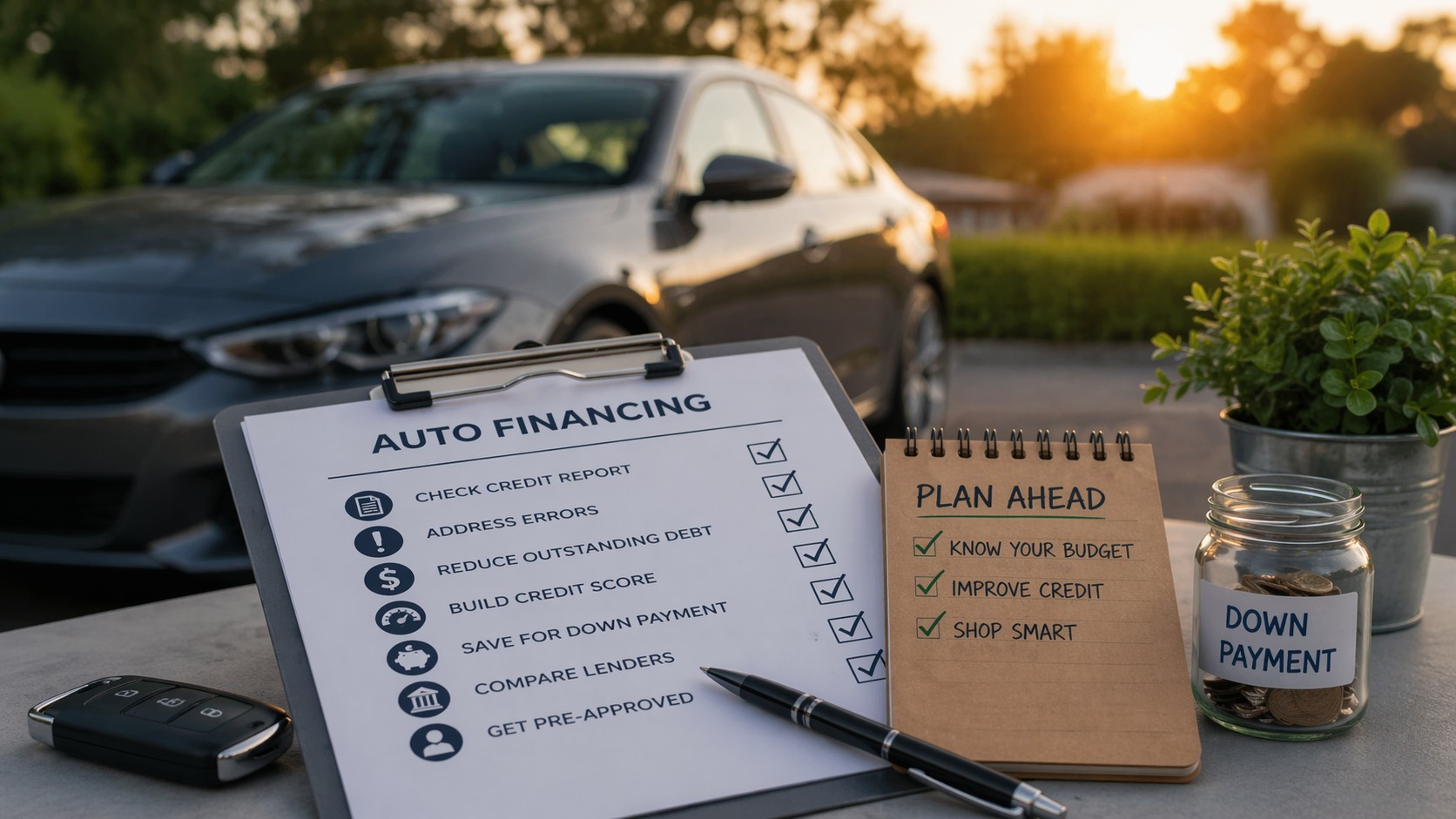 Auto financing checklist on clipboard with parked car in background, down payment savings jar, notebook, and car key at sunset, representing preparing credit for car loan approval and financing success.