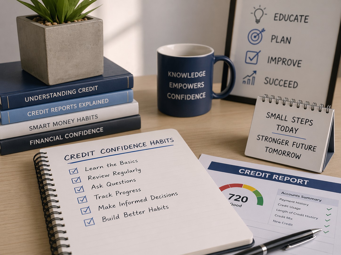 Notebook listing credit confidence habits beside books, mug, planner, and sample credit report with score gauge, representing daily habits that build stronger credit and financial confidence.