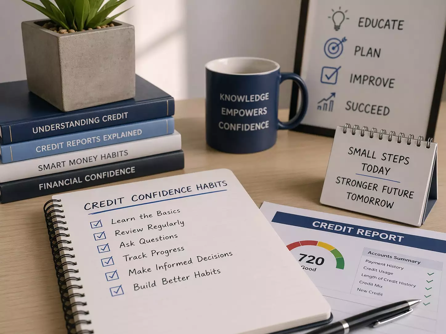 Notebook listing credit confidence habits beside books, mug, planner, and sample credit report with score gauge, representing daily habits that build stronger credit and financial confidence.