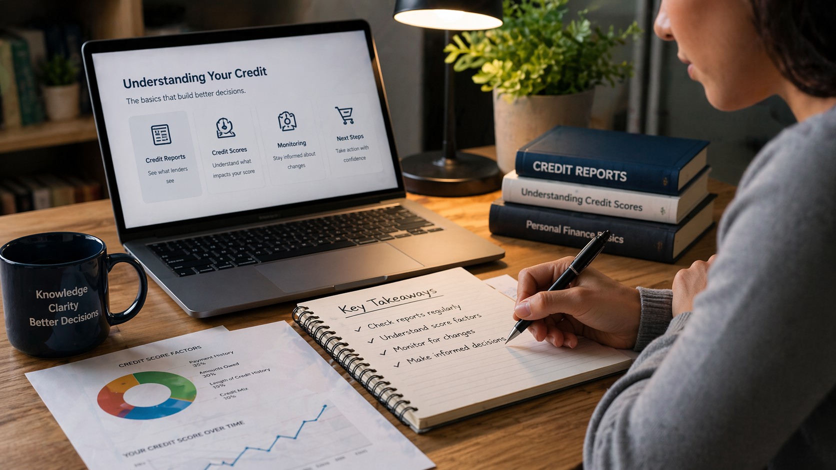 Person studying credit basics on laptop with books, notes, charts, and coffee mug, representing learning about credit reports, scores, monitoring, and smarter financial decisions.