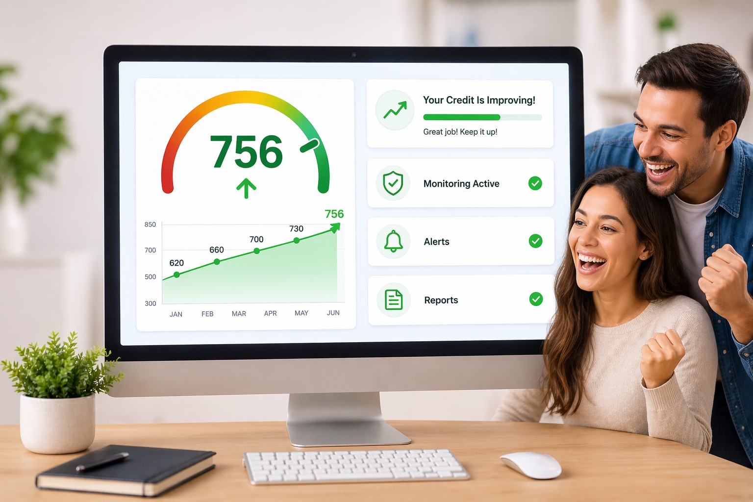 Happy couple celebrating improved 756 credit score on desktop computer screen with monitoring alerts and progress chart, symbolizing successful credit repair, score growth, and financial confidence.