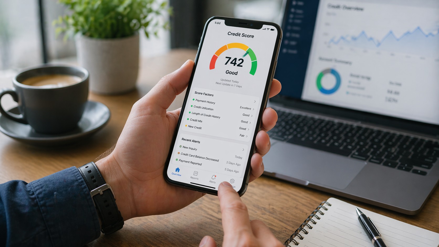 Person holding smartphone showing credit monitoring app with 742 credit score, alerts, and score factors beside laptop analytics dashboard, representing mobile credit monitoring services and identity awareness.