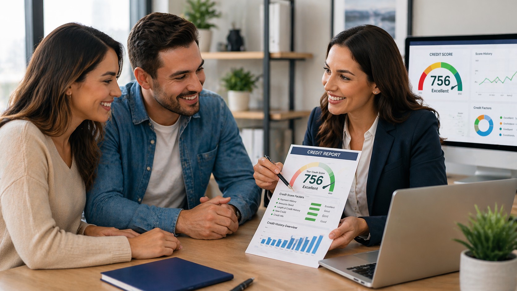 Credit repair consultant meeting with smiling couple while reviewing 756 credit report and score improvement chart in office, representing Long Island credit repair consultation and personalized guidance.
