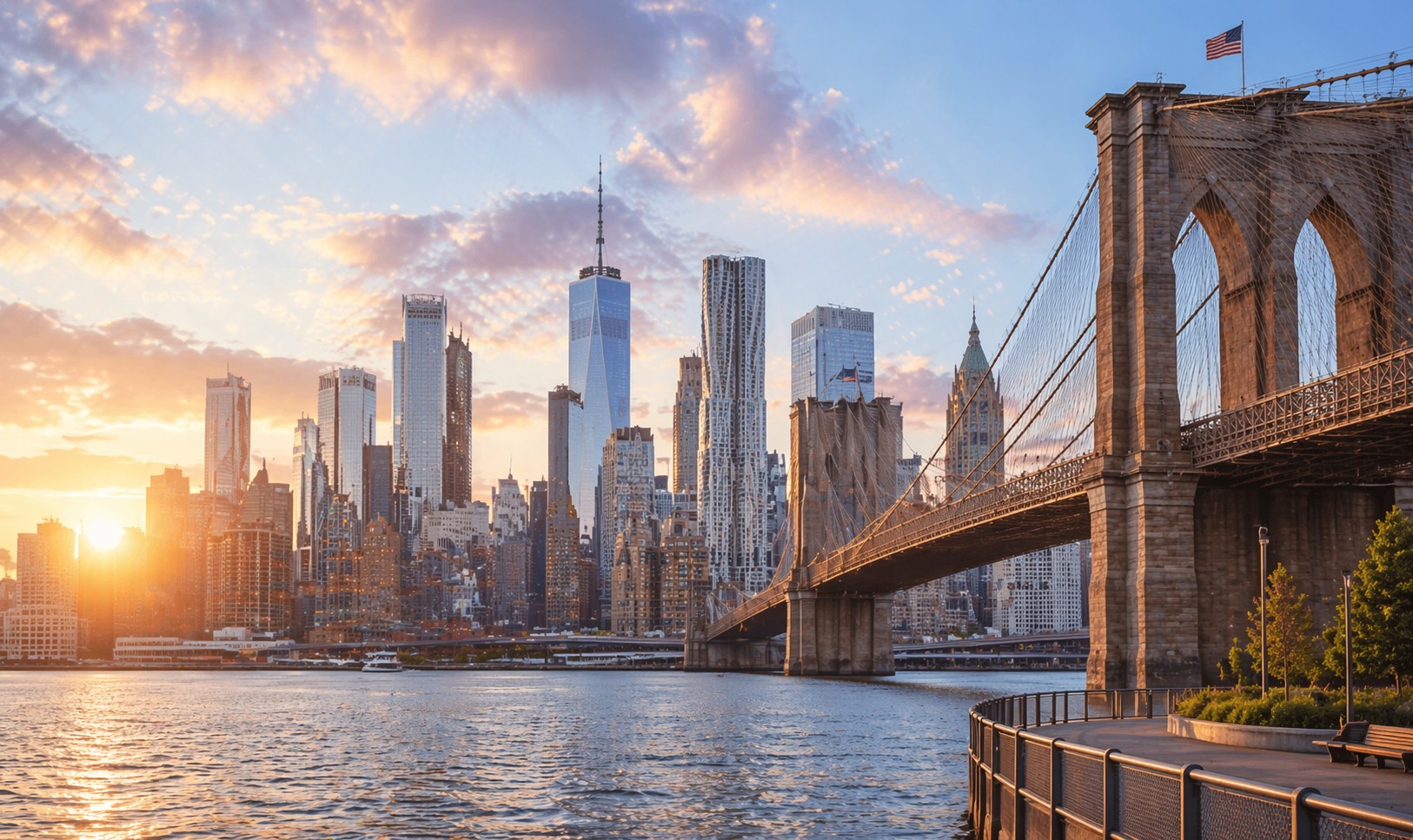 New York City skyline with Brooklyn Bridge at sunrise, representing credit repair services in New York, financial opportunity, and local consumer support.