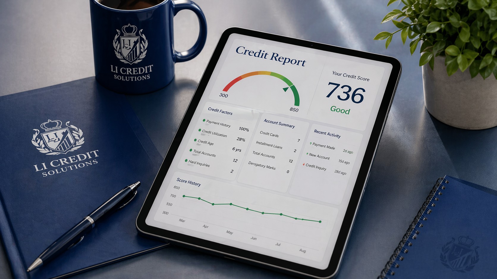 Tablet showing detailed credit report with 736 score beside LI Credit Solutions branded folder, mug, pen, and notebooks, representing credit report help, score analysis, and monitoring guidance.