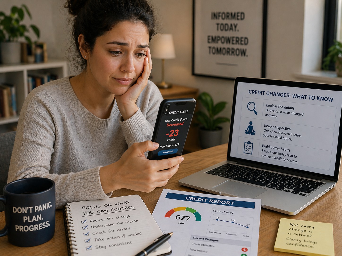 Concerned woman reviewing phone alert showing credit score drop while laptop explains credit changes and action steps, representing how to read credit changes calmly without panicking.