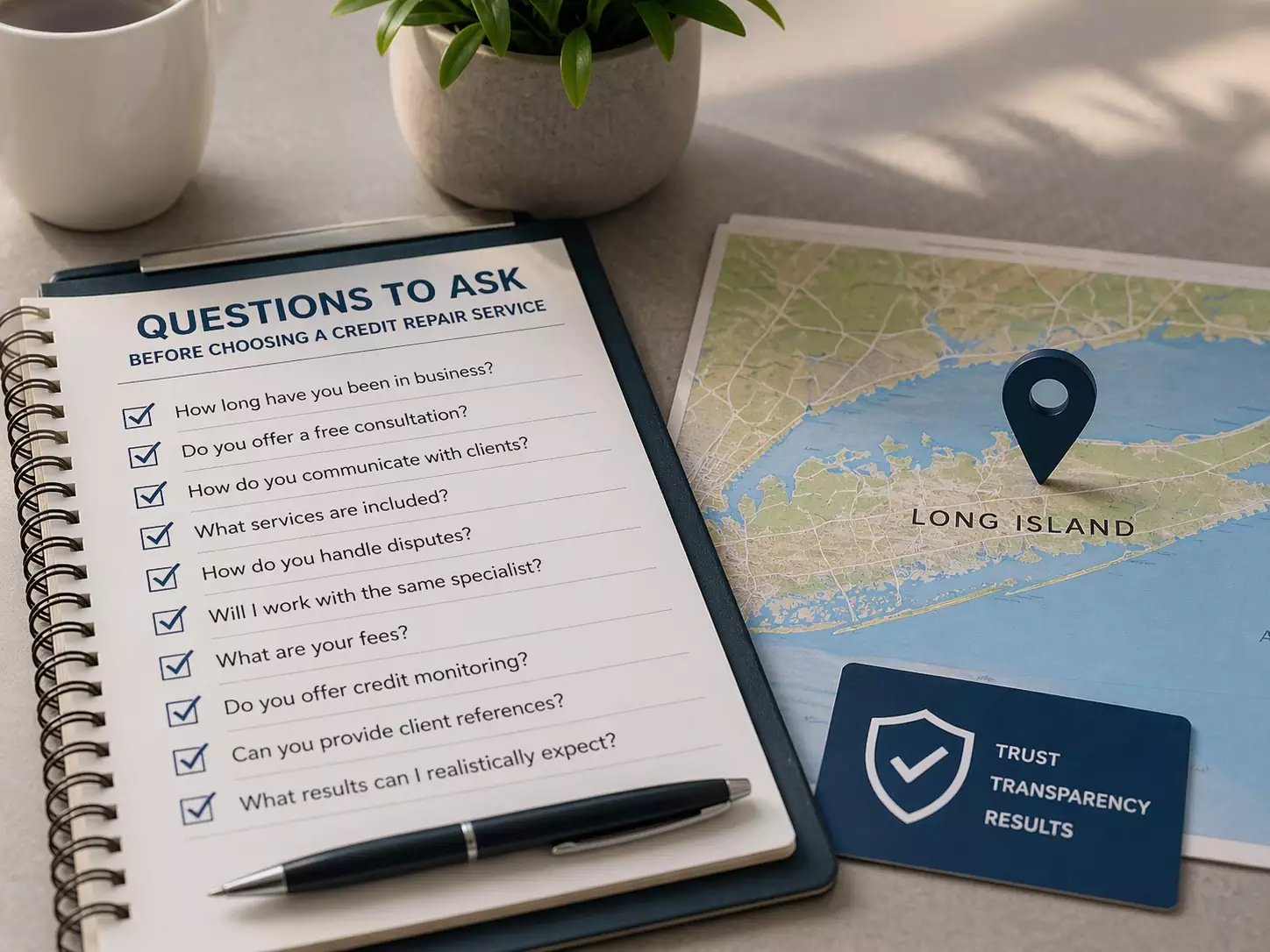 Checklist of questions to ask before choosing a credit repair service beside Long Island map and trust card, representing Long Island credit repair guidance, local service research, and consumer transparency.