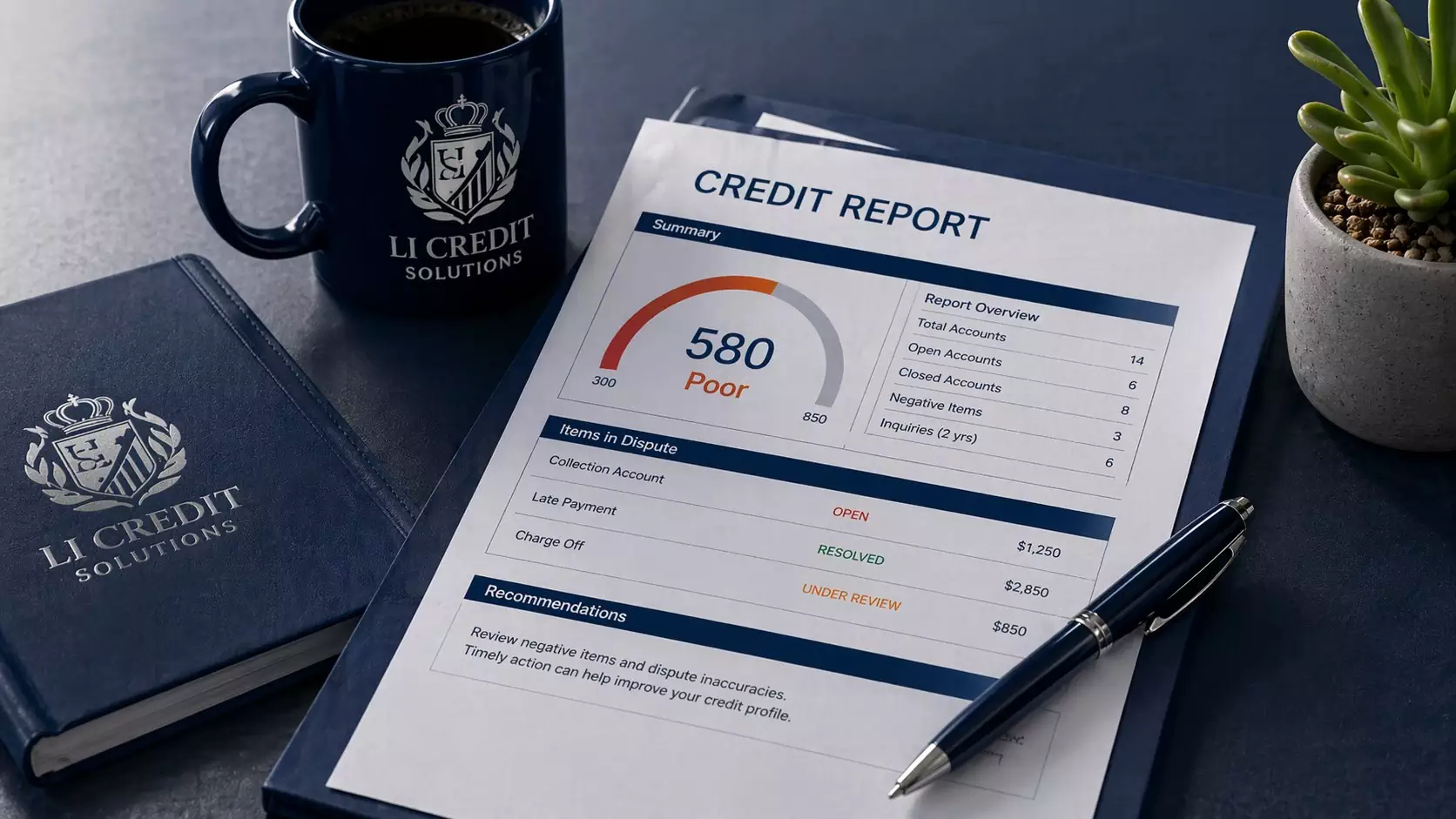 Credit report showing 580 poor score with negative items in dispute beside LI Credit Solutions folder, mug, and pen, representing negative item review, dispute strategy, and credit repair consultation.