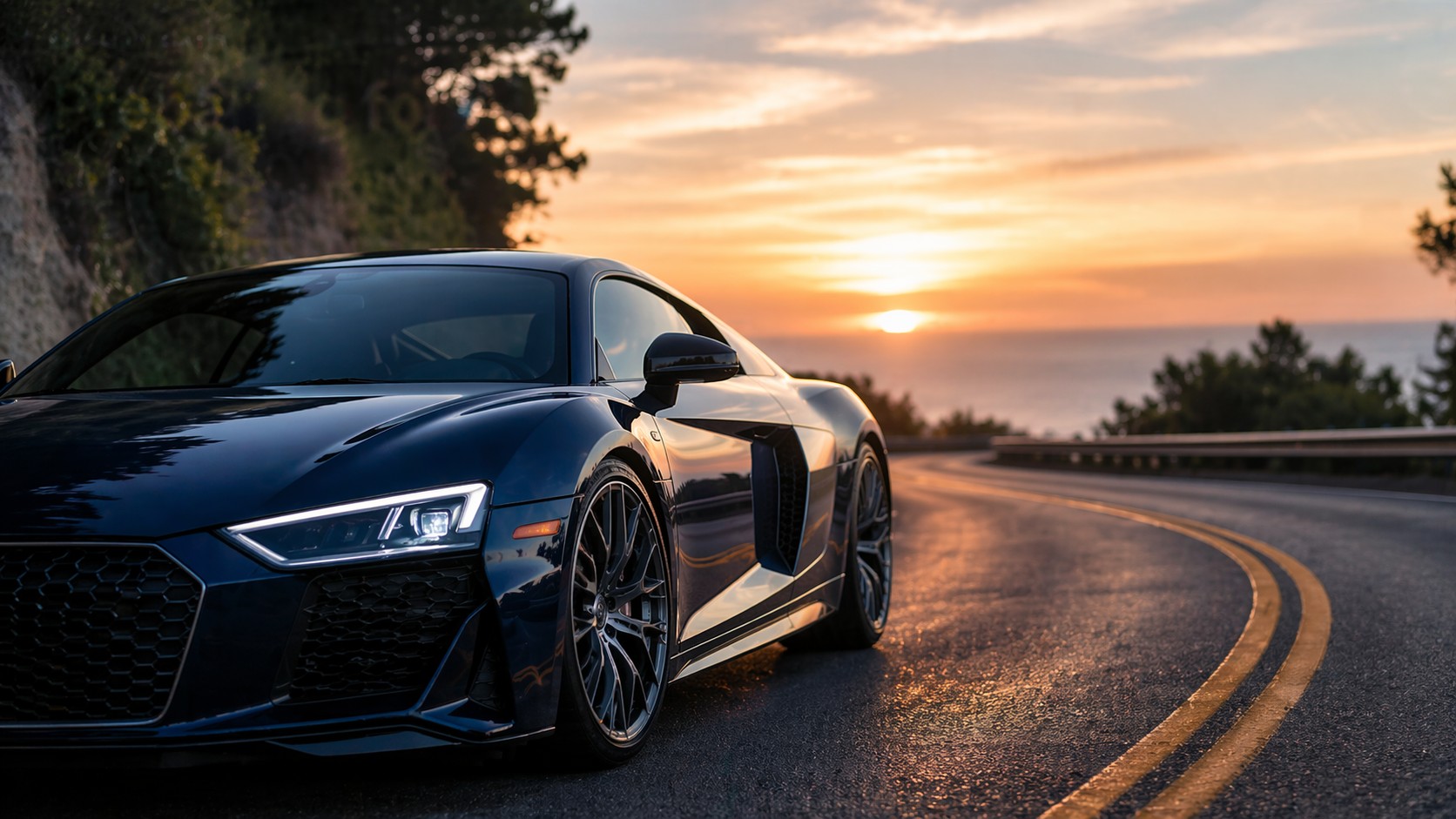 Luxury sports car at sunset on scenic road representing strong credit for auto financing, vehicle loan approval, better rates, and successful car buying preparation.