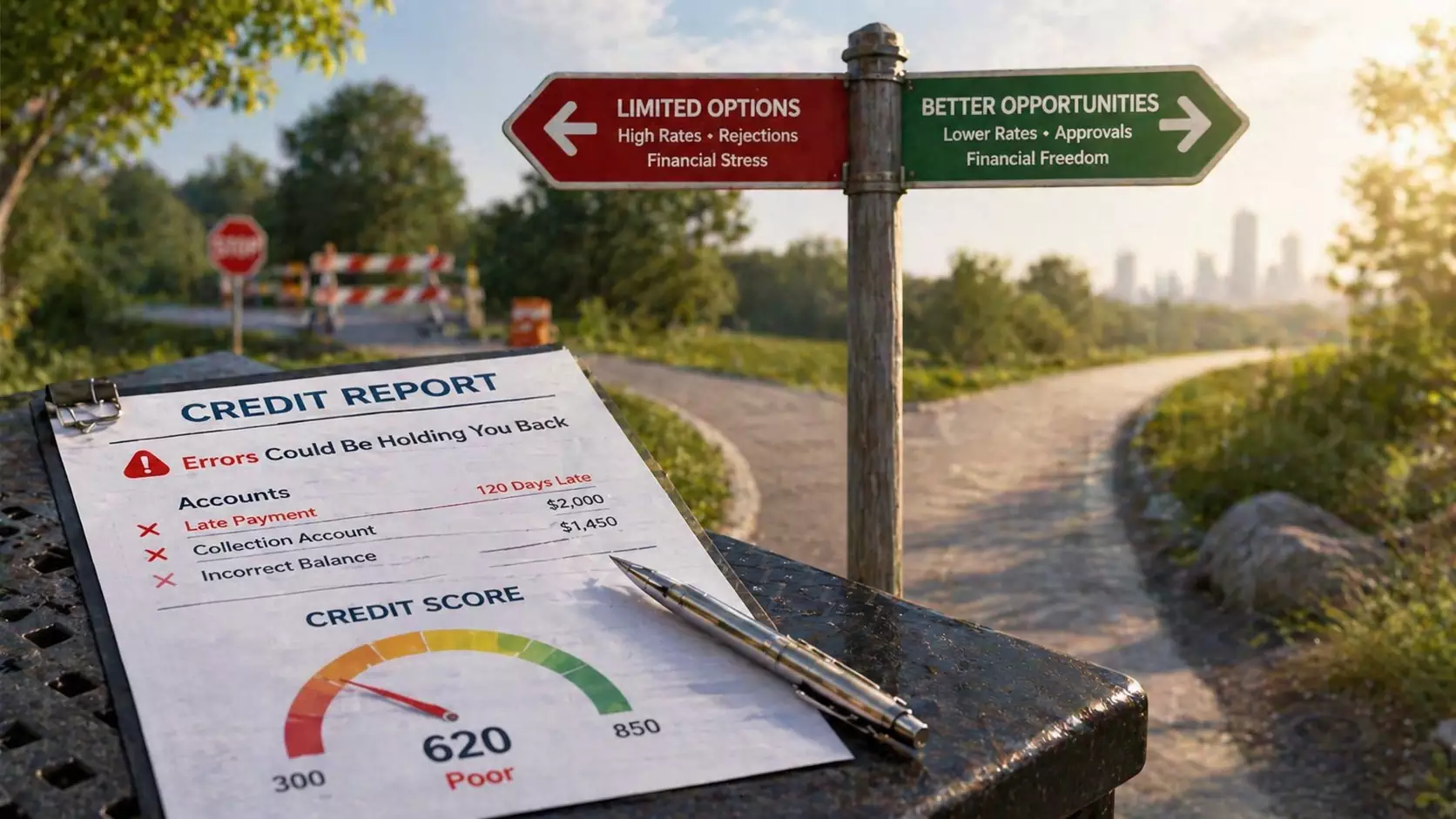 Credit report with highlighted errors on a table beside a forked road sign showing limited options versus better opportunities, symbolizing how inaccuracies can impact major financial decisions.