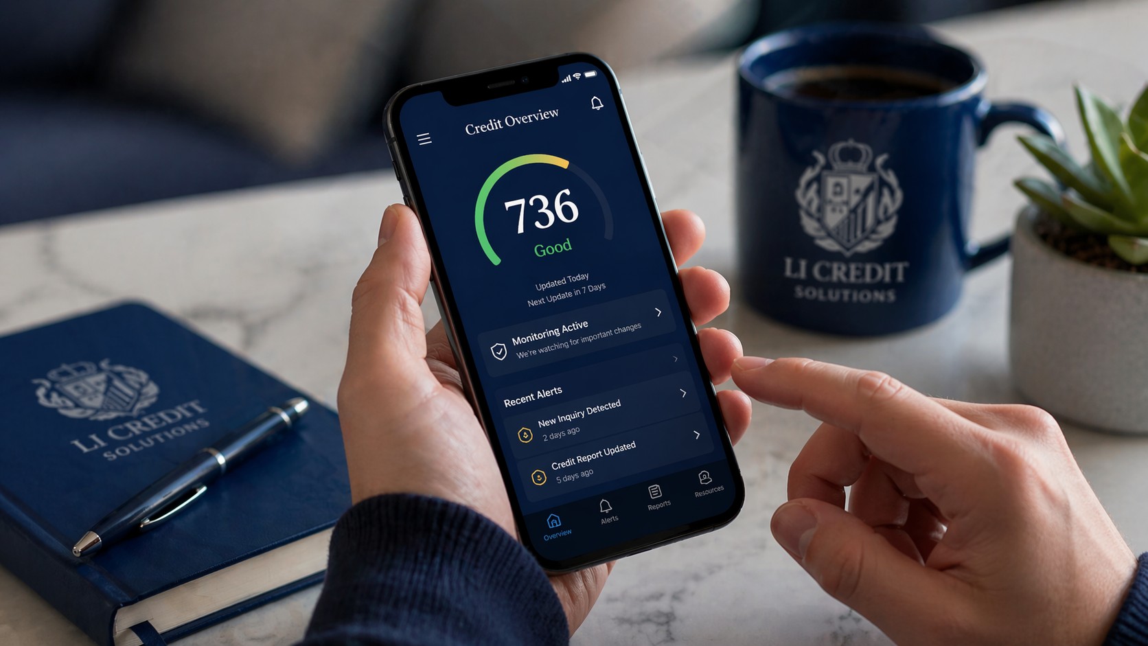 Smartphone showing 736 credit score and monitoring alerts beside branded items, representing why credit monitoring matters, score tracking, fraud alerts, and ongoing awareness.